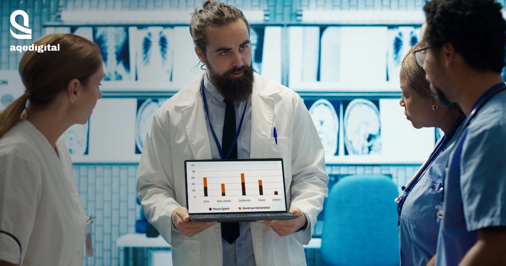 Healthcare professionals analyzing clinical data with advanced data analytics tools and AI models