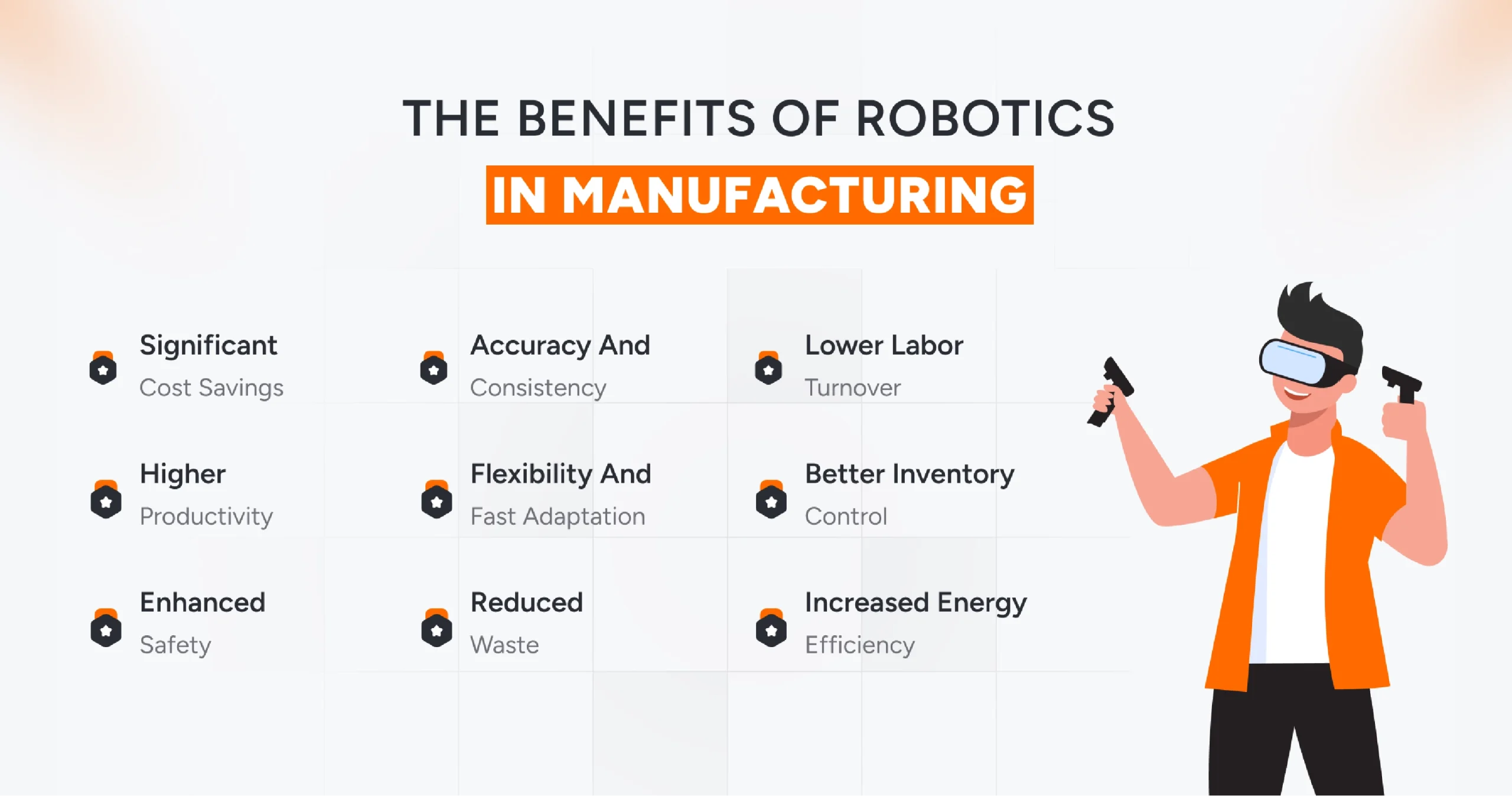 Benefits of robotics in manufacturing including improved productivity, precision, worker safety, cost reduction, and scalable factory automation