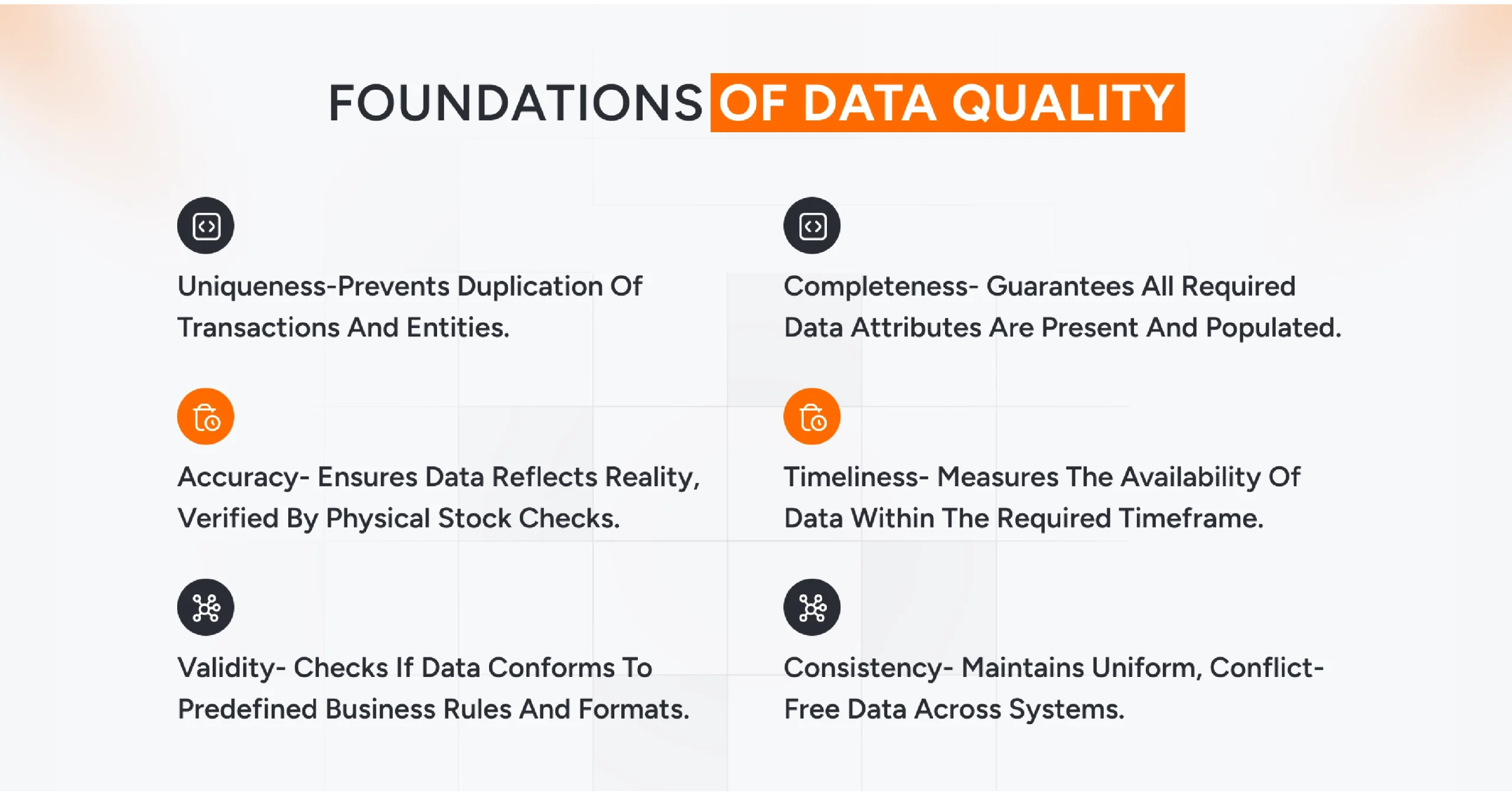 Foundations of data quality including accuracy, consistency, completeness, validation, and governance principles